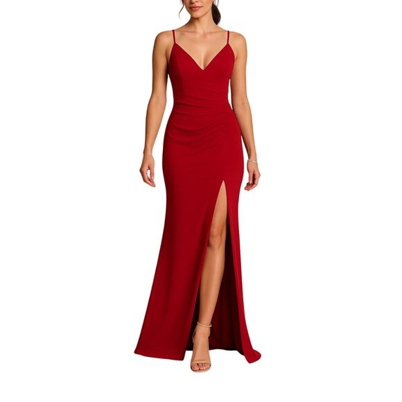 David's Bridal Emerald Sundae Red Crepe Spaghetti Strap Gown With Ruching Small - Picture 1 of 11